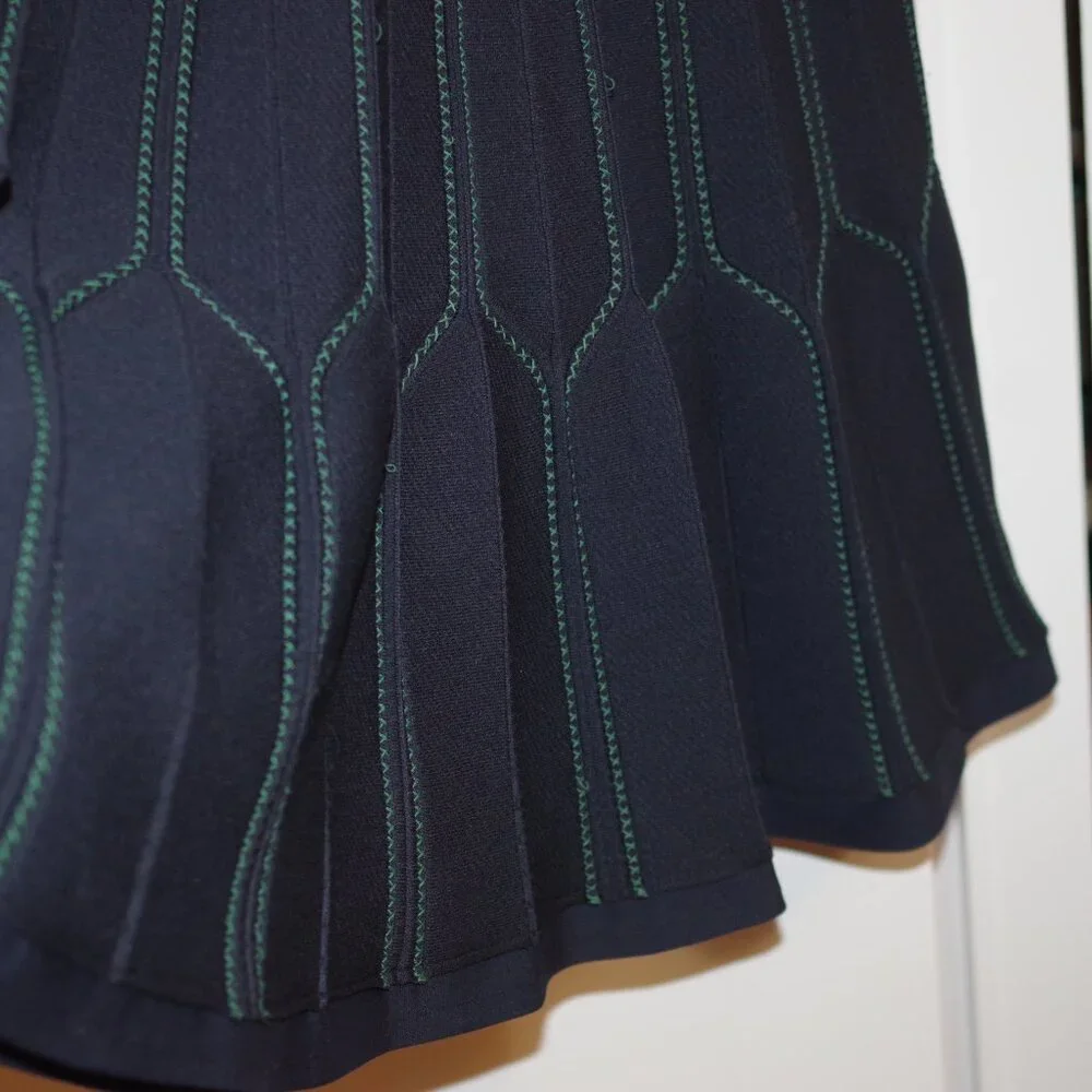 Sandro Paris Ribbed Knit Pleated Fit&Flare Pointell Dress Boatneck size 38 - Picture 7 of 10